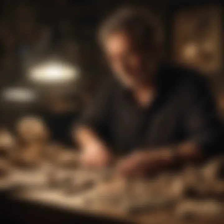 An expert examining fossil specimens under controlled lighting for authenticity