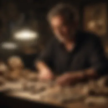 Authenticity Examination An expert examining fossil specimens under controlled lighting for authenticity