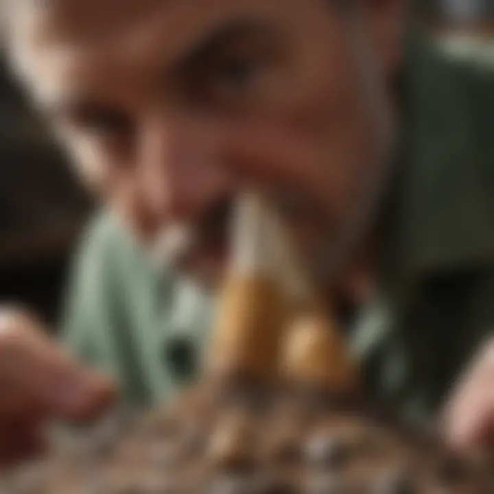 Scientist examining a fossilised dinosaur tooth under a microscope