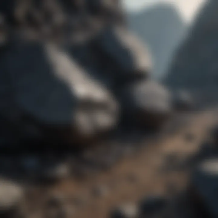 Geological formation showcasing layers of shiny black rocks in a natural setting