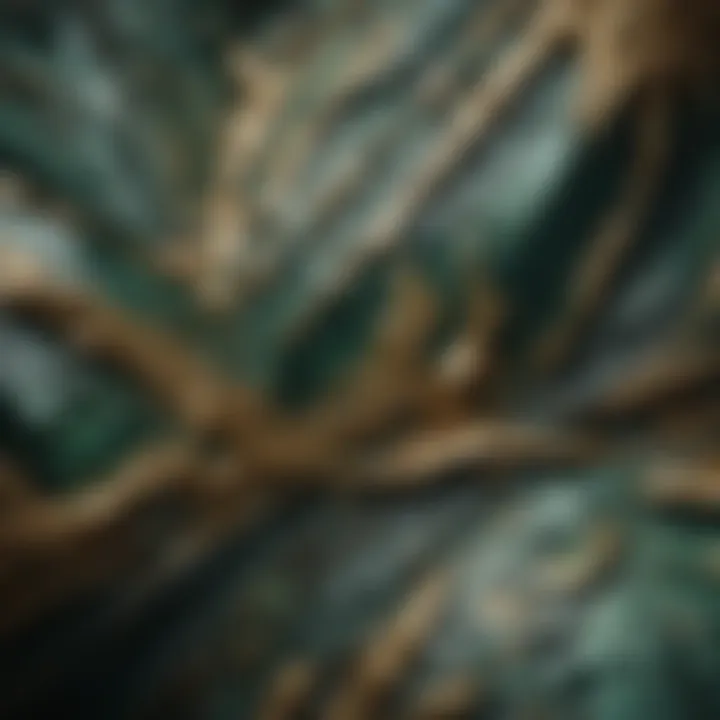 Close-up of intricate patterns and textures on the dark green crystal with gold flecks