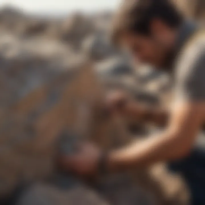Geologist conducting rock scratch test with tools