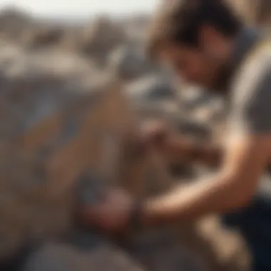 Rock Scratch Test Procedure Geologist conducting rock scratch test with tools