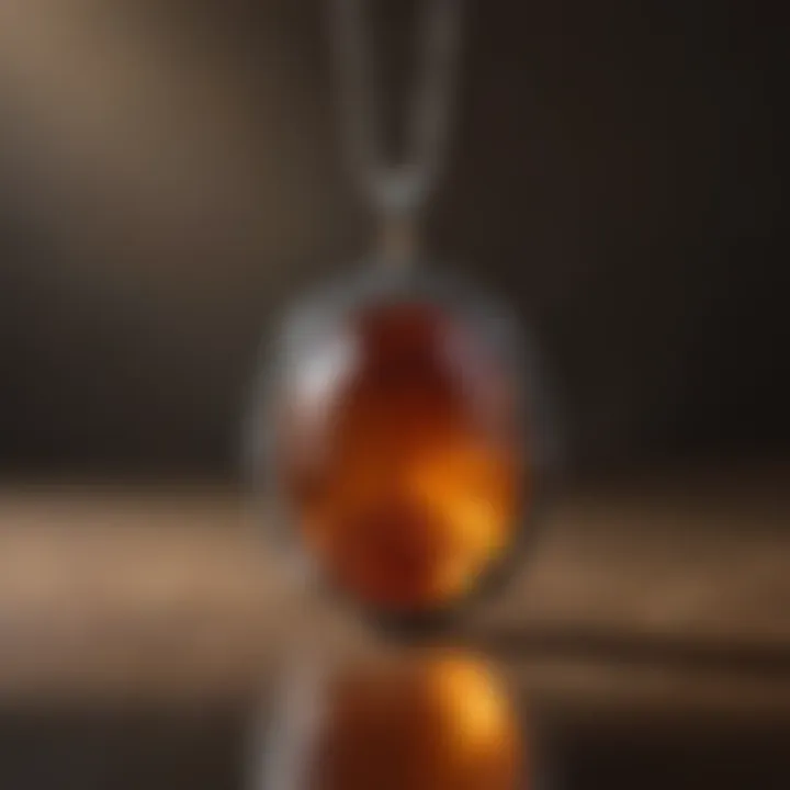 Amber pendant glowing in natural sunlight against textured backdrop