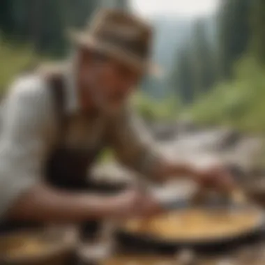 Close-up of a skilled individual demonstrating gold panning technique.