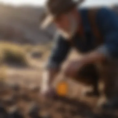 Examining Soil for Gold Flakes Prospector examining soil for gold flakes