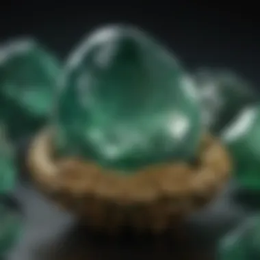 A close-up of a shimmering green gemstone