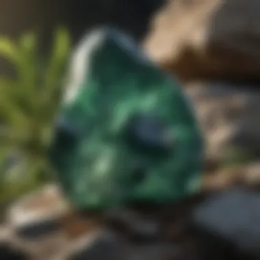 Green obsidian crystal in natural rocky setting