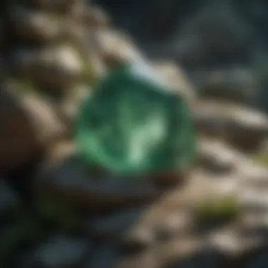 A green crystal embedded in a rugged rocky matrix