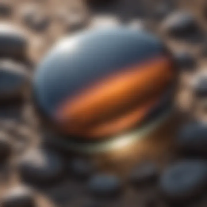 Close-up of hematite worry stone glistening under sunlight
