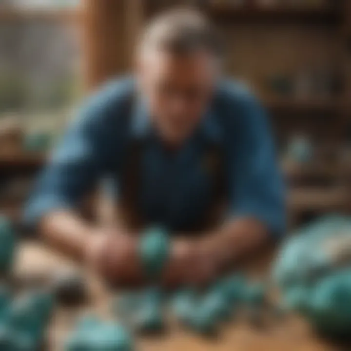 A knowledgeable gem collector inspecting a rough turquoise stone from Idaho