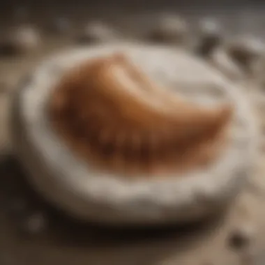 A polished fossil resting on a bed of natural stone, highlighting its sheen and detail