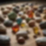 Close-up view of various polishing compounds for rocks and fossils displayed on a wooden surface
