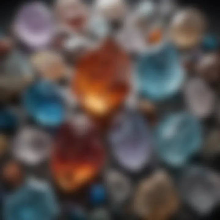 A collection of crystals with labels indicating their geological origins