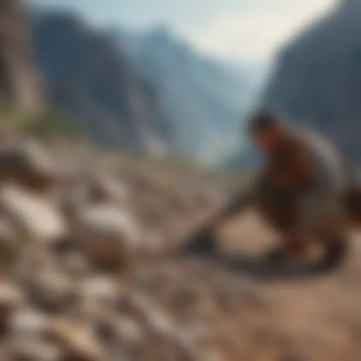 Field scene depicting a collector searching for geodes among rocks