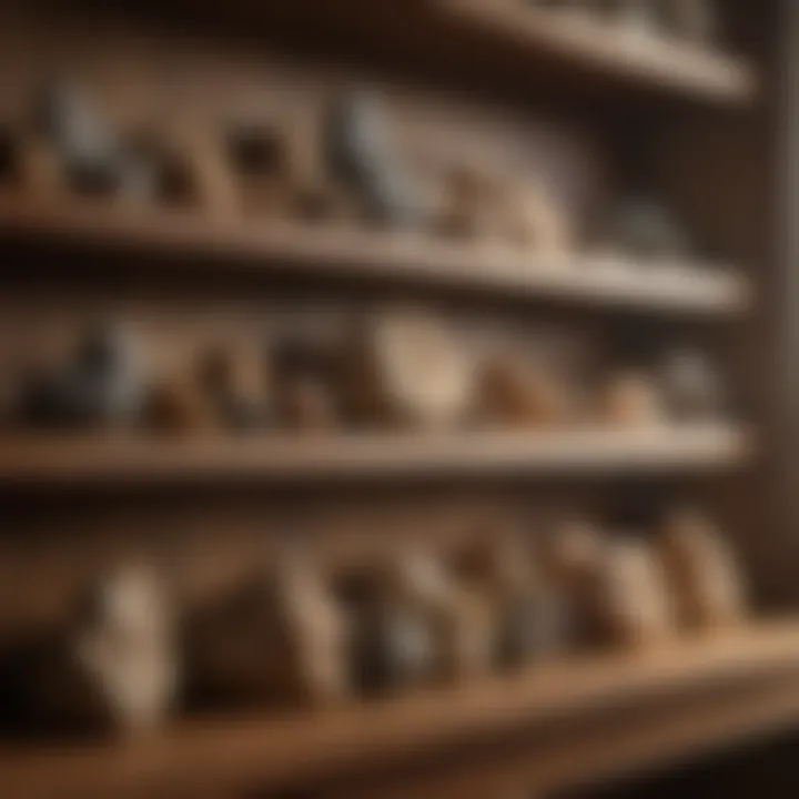 Elegant arrangement of unique rock specimens on a wooden shelf with natural lighting.