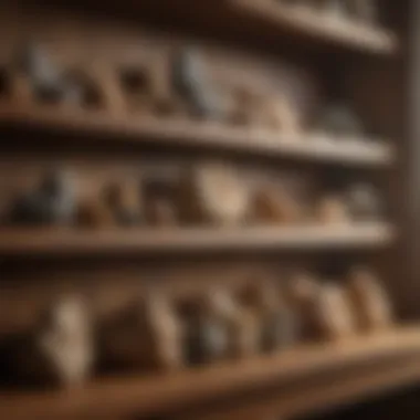Natural Light Display on Wooden Shelf Elegant arrangement of unique rock specimens on a wooden shelf with natural lighting.