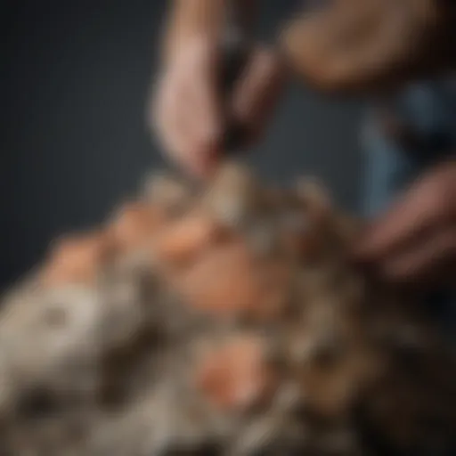 An intricate geological specimen being delicately repaired with adhesive