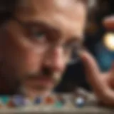 Close-up view of a jeweler examining a gemstone through magnification glasses