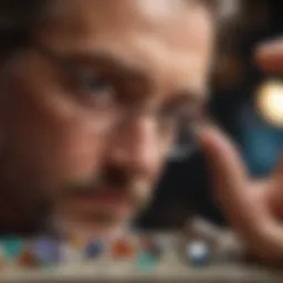 Close-up view of a jeweler examining a gemstone through magnification glasses