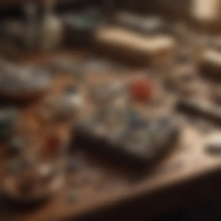 A jeweler's workspace showcasing gemstones and magnification tools