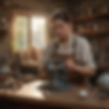 A lapidary artist working with a grinding and polishing machine in a serene workshop setting.