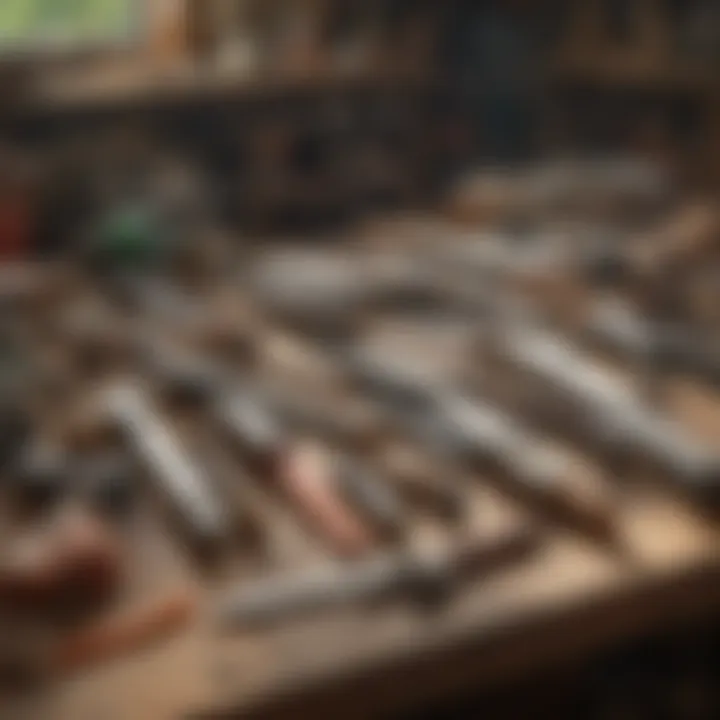 Different types of lapidary saws displayed on a workbench.
