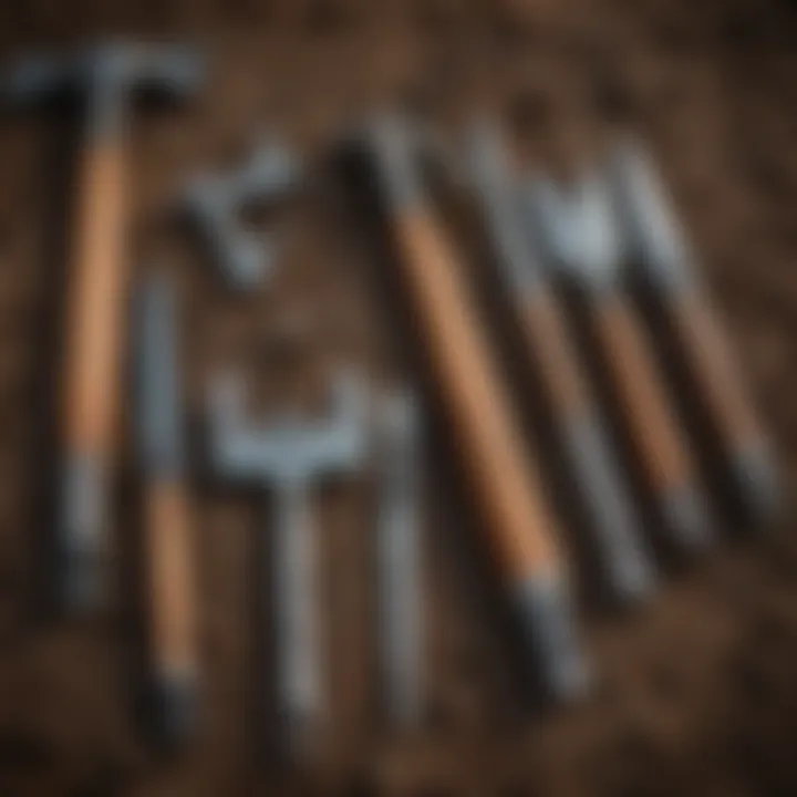 A well-maintained digging tool set displayed outdoors, highlighting the importance of tool upkeep in crystal collection.