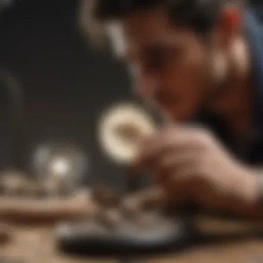 A researcher examining a fossil specimen under a magnifying glass