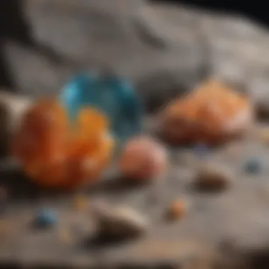 Close-up of mineral samples on a rock slab