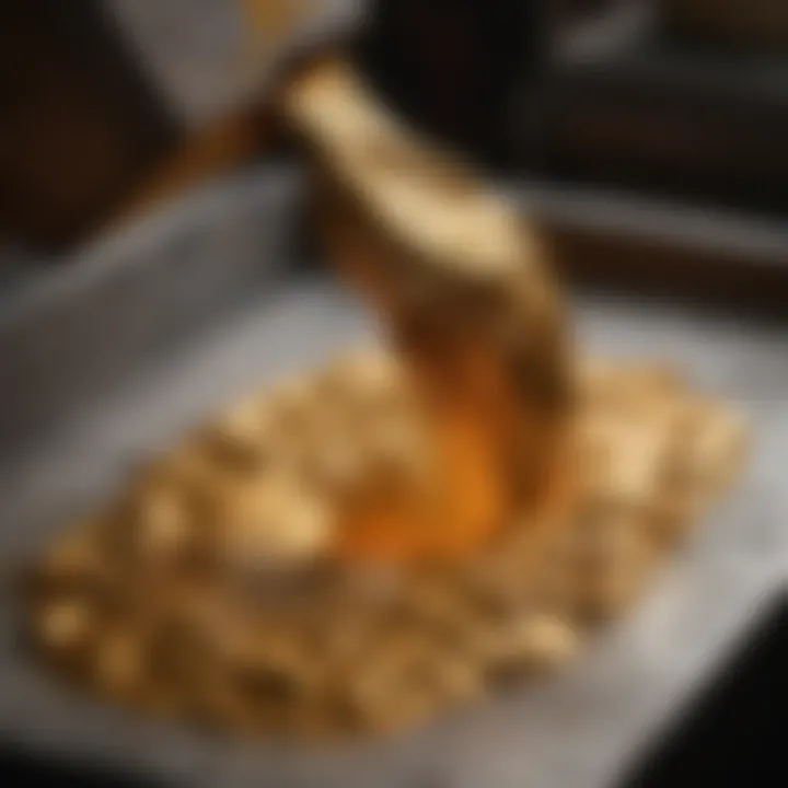 Close-up of molten gold being poured into a custom mold.