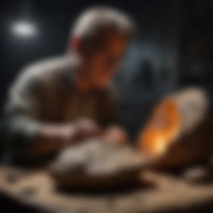 An expert examining a rock specimen under controlled lighting conditions.