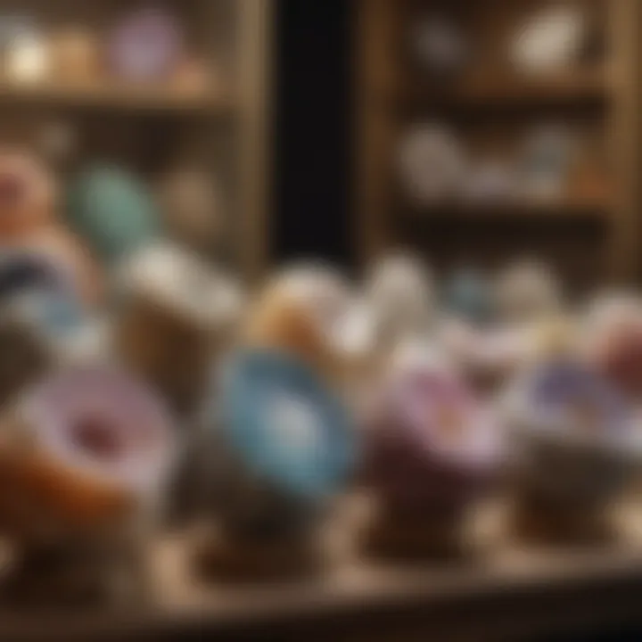 A well-organized display of geodes in a collector's showcase, emphasizing care and presentation.
