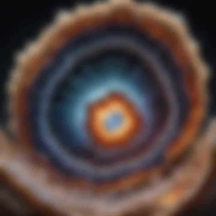 Close-up photograph of a geode cut in half, revealing its sparkling crystal interior.