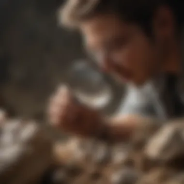 Exploring Rock Specimens A person examining a rock specimen with a magnifying glass