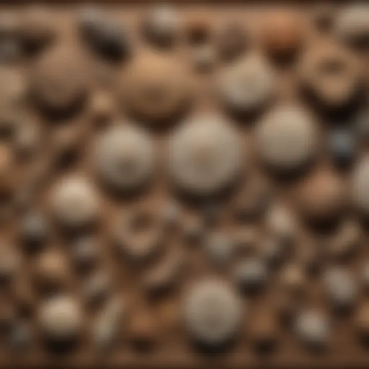 A close-up of various fossils displayed on a wooden table
