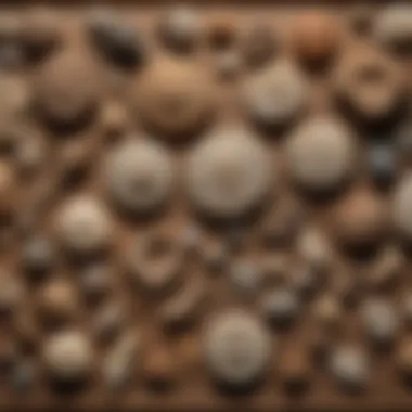 Diverse Fossils for Identification A close-up of various fossils displayed on a wooden table