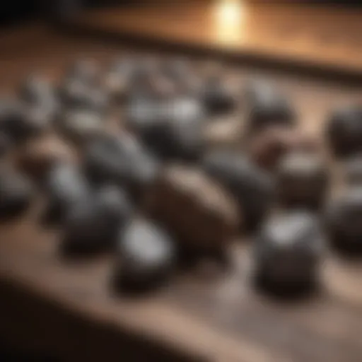 A collection of unique meteorites displayed on a rustic wooden table