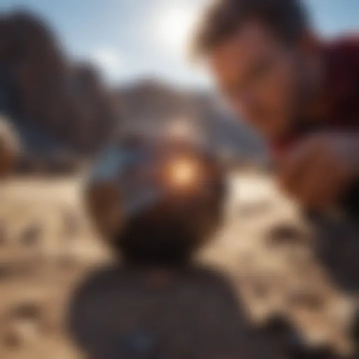 An individual examining a meteorite under natural sunlight