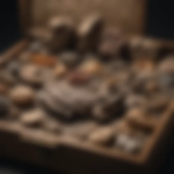 Organized display of fossil specimens in a box