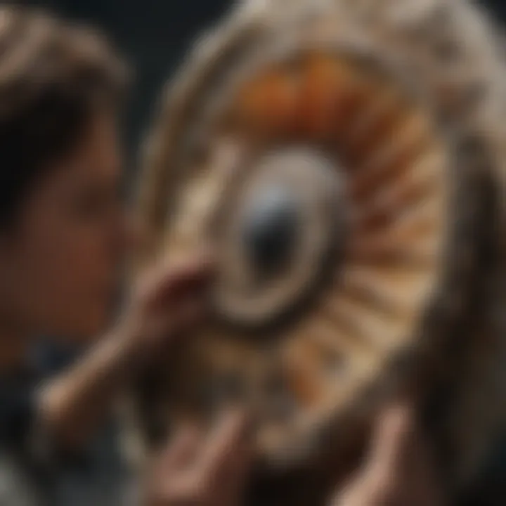 Scientist Studying Ammonite Fossil Close-Up