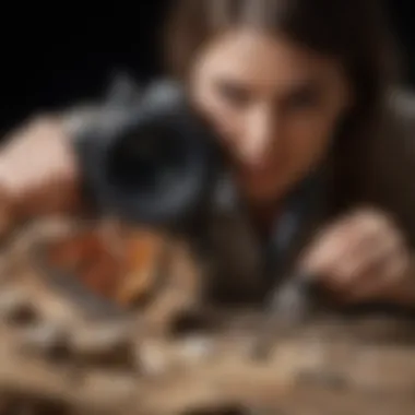 Geologist examining a piece of petrified wood under a microscope