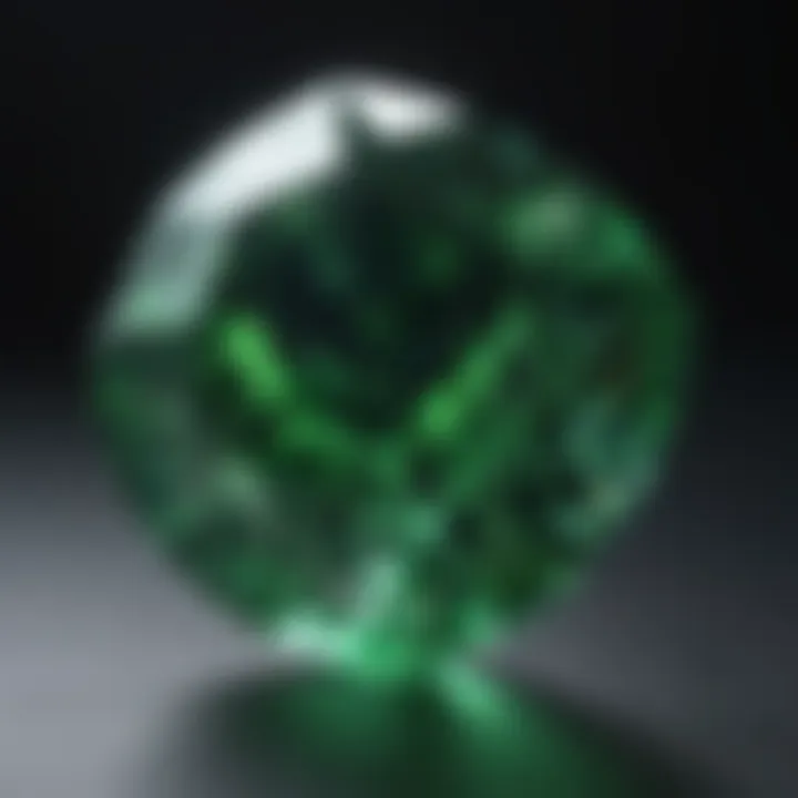 A close-up view of a diamond under UV light showcasing its green fluorescence