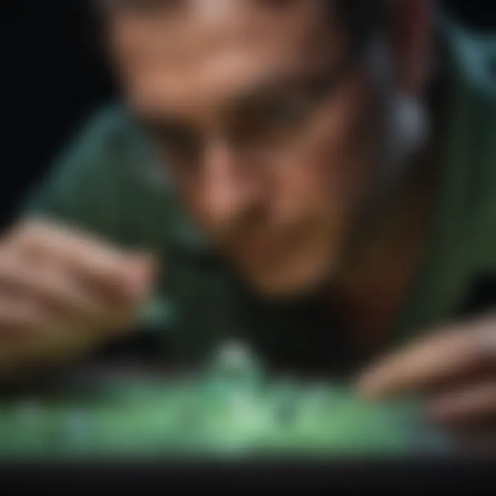 An expert examining diamonds for fluorescence in a well-lit setting