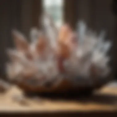 An assortment of polished quartz crystals arranged artistically on a wooden display.