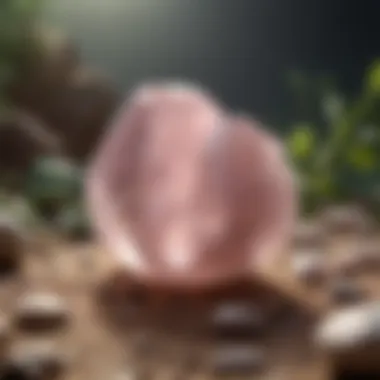 Polished rose quartz displayed in a natural setting