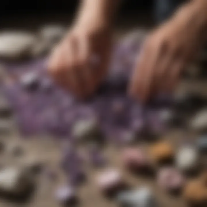 A collector examining a collection of purple rock minerals with identification tools