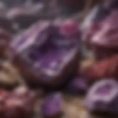 A geological formation featuring various purple rock minerals in their natural habitat