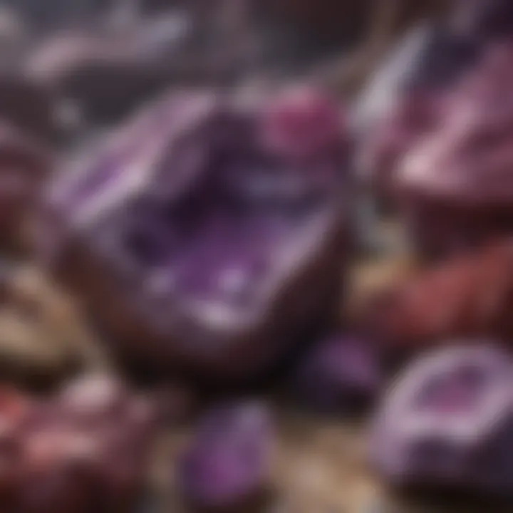 A geological formation featuring various purple rock minerals in their natural habitat