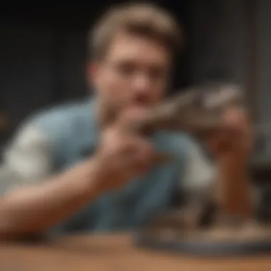 Enthusiast Admiring a Pristine Raptor Claw Collector admiring a pristine Raptor Claw specimen